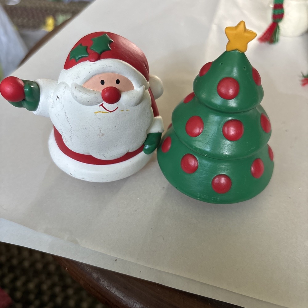 Hallmark Santa and Christmas Tree Salt and Pepper Shakers Set 3" Vintage Green